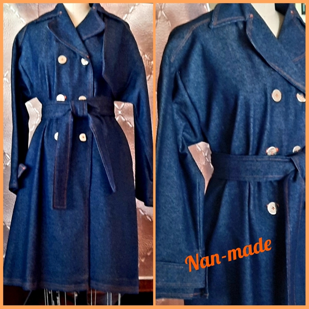 Nan-made DenimTrench Coat with Orange Top Stitching.